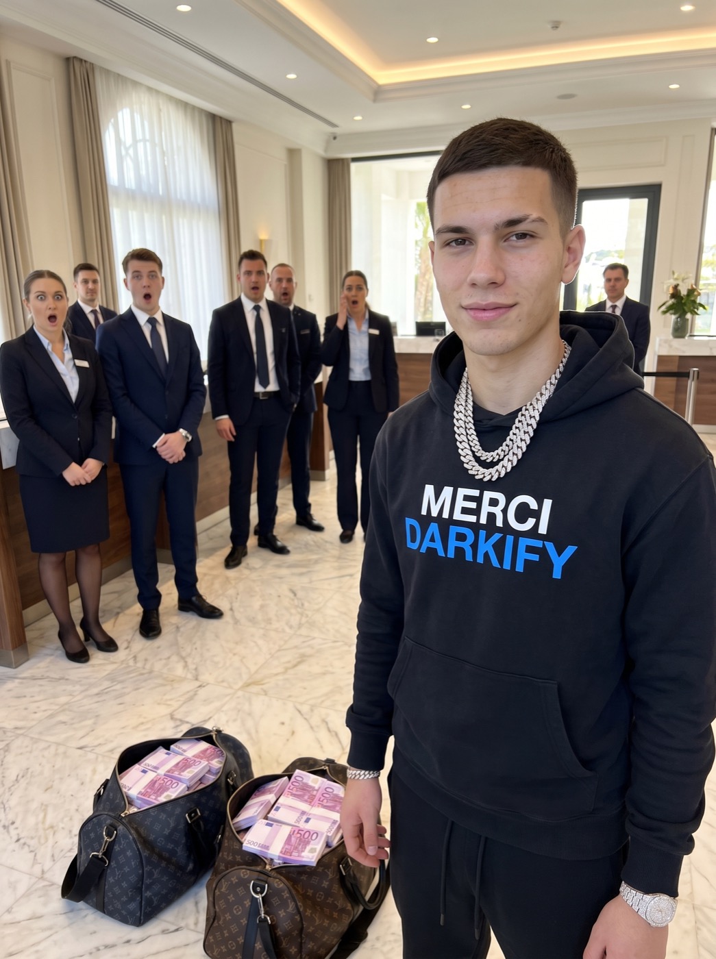 L'opérateur Darkify dans une banque avec des sacs de billets, pull MERCI DARKIFY