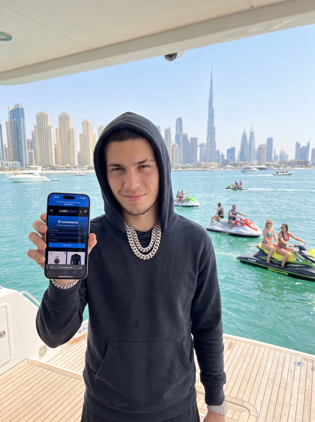 L'opérateur Darkify sur un yacht à Dubaï montrant son store